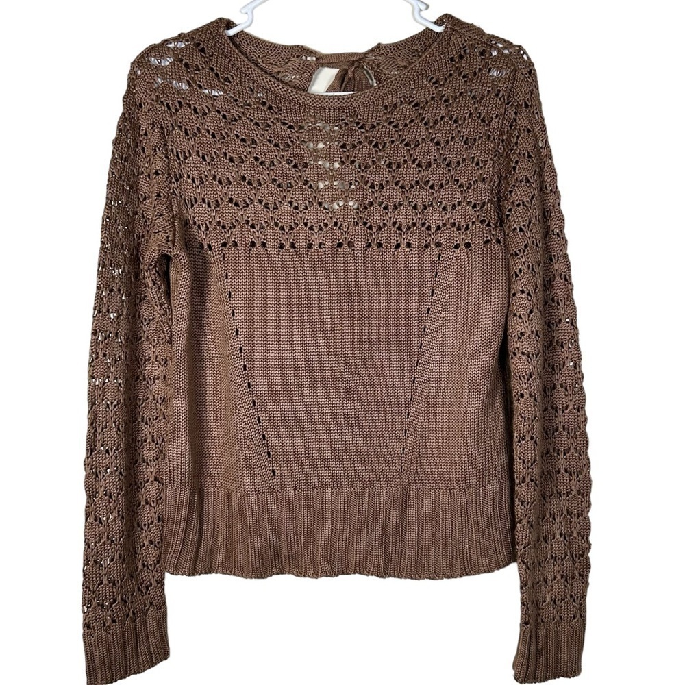Brown Pointelle Open Knit Keyhole Back Tie Sweater